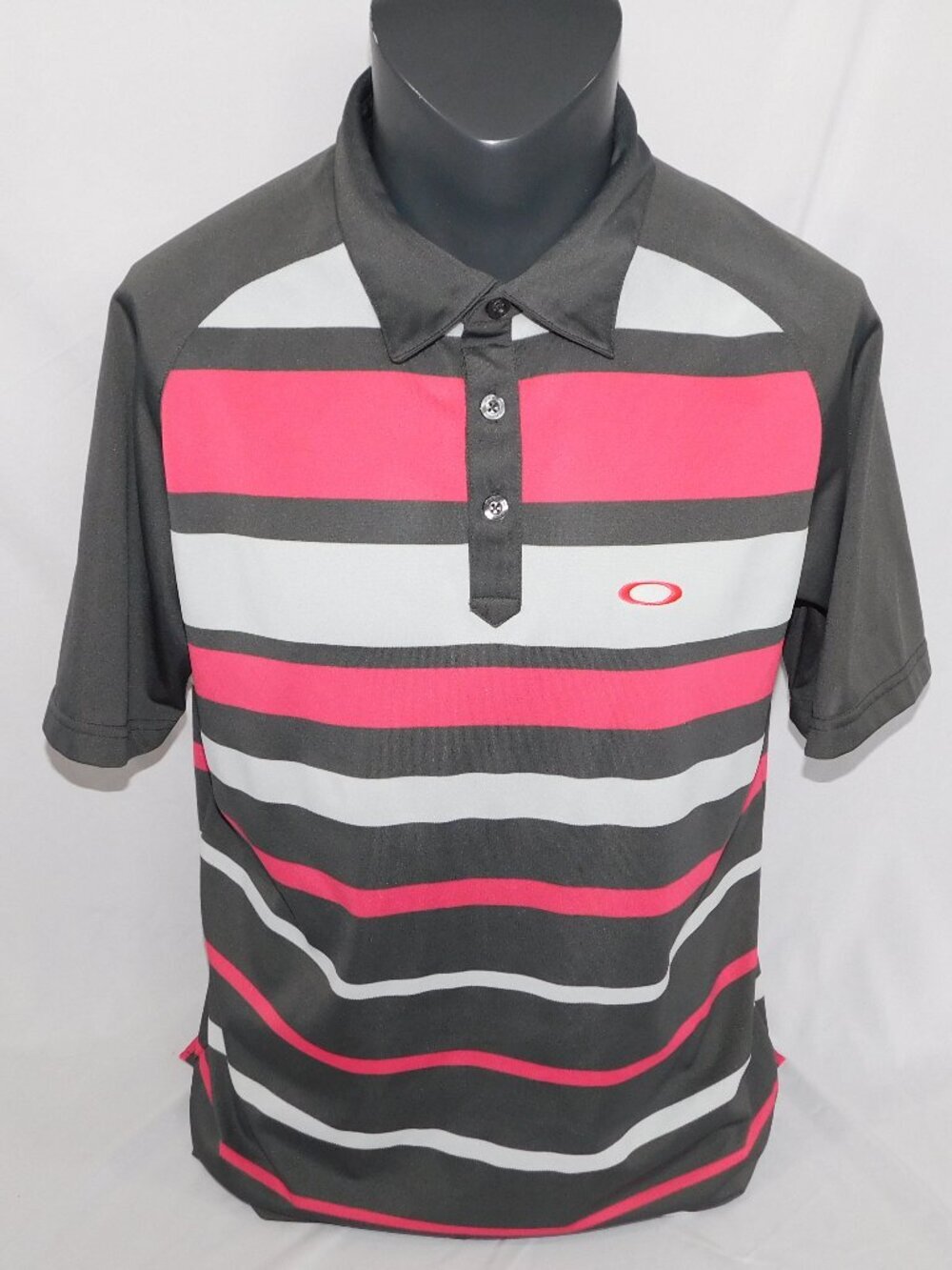 Oakley Short Sleeve Pink Grey Striped Polo Golf Shirt Regular Fit Mens L